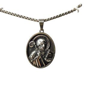 Slate Mens Saint Benedict 24 Inch Stainless Steel Pendant Necklace In Gift Box